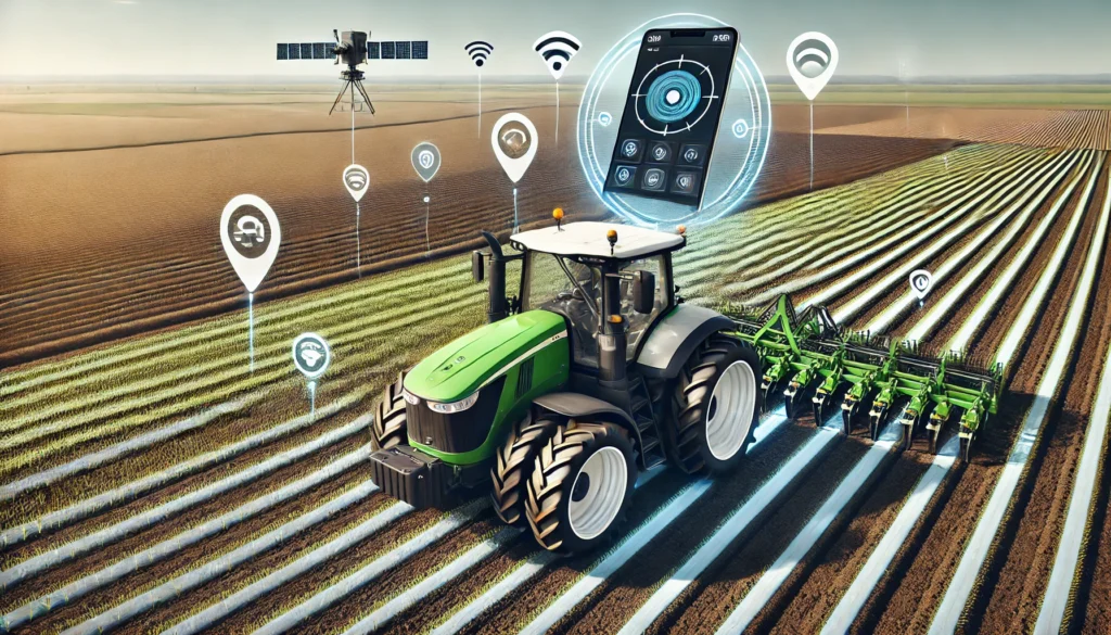 Trator moderno em campo agrícola, equipado com tecnologia GPS para pulverização e fertilização precisa, com mapa digital exibindo zonas de aplicação.